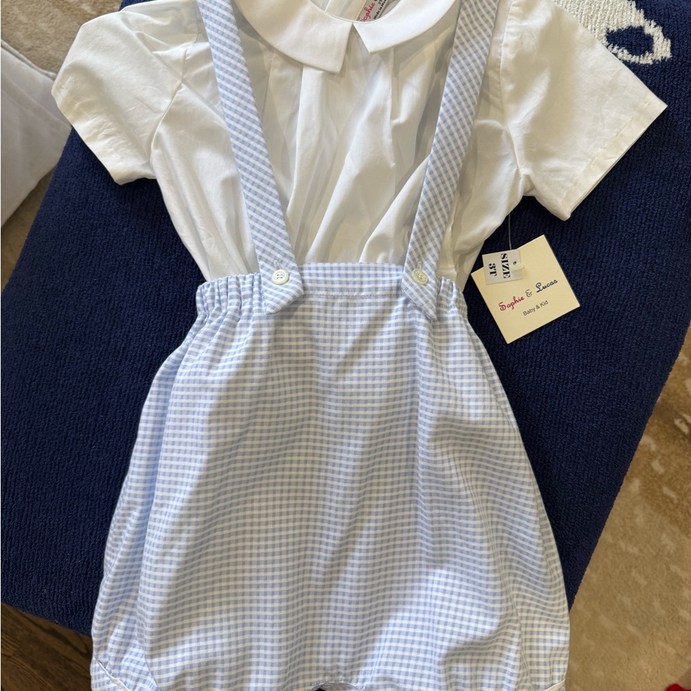 New with tags: Toddler Gingham Suspender Jon-Jon shorts set 3T
